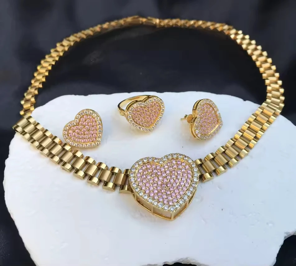 Pepita de acero inoxidable Rollie cadena diamante CZ corazón marco colgante collar moda mujer cadena joyería regalo