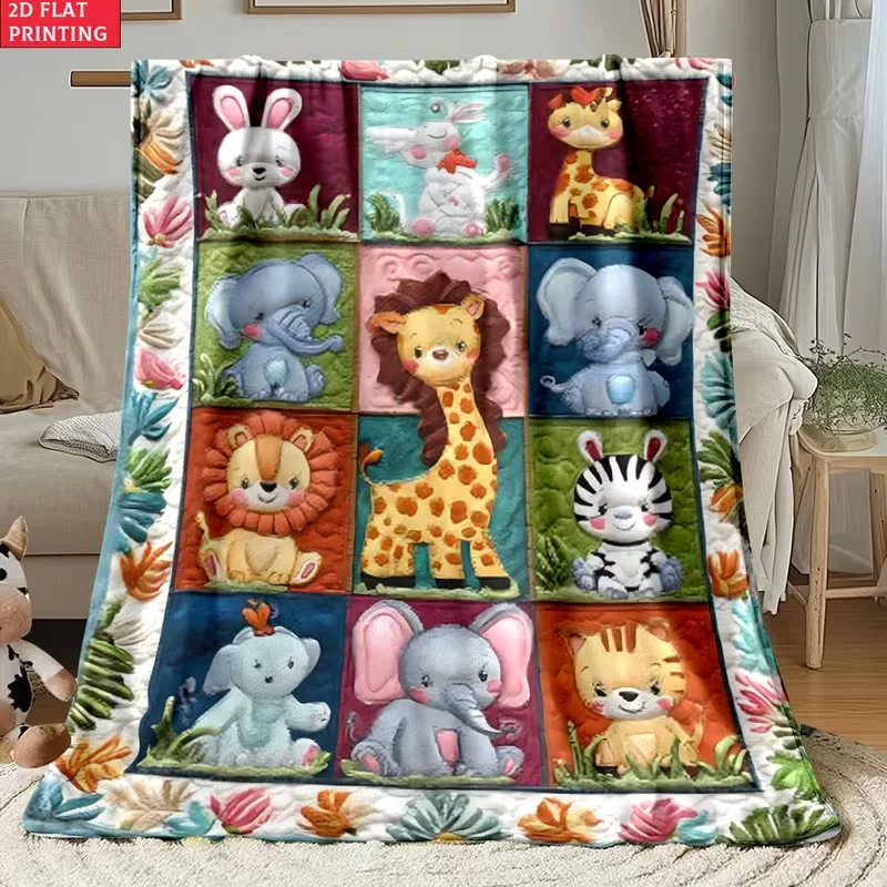 Jungle Animal Patchwork Print Throw Blanket, Colorful Cartoon Wildlife Fleece Blanket, Cozy All‑Season Bed Blanket for Toddler Kids, Perfect Nursery Decor Gift