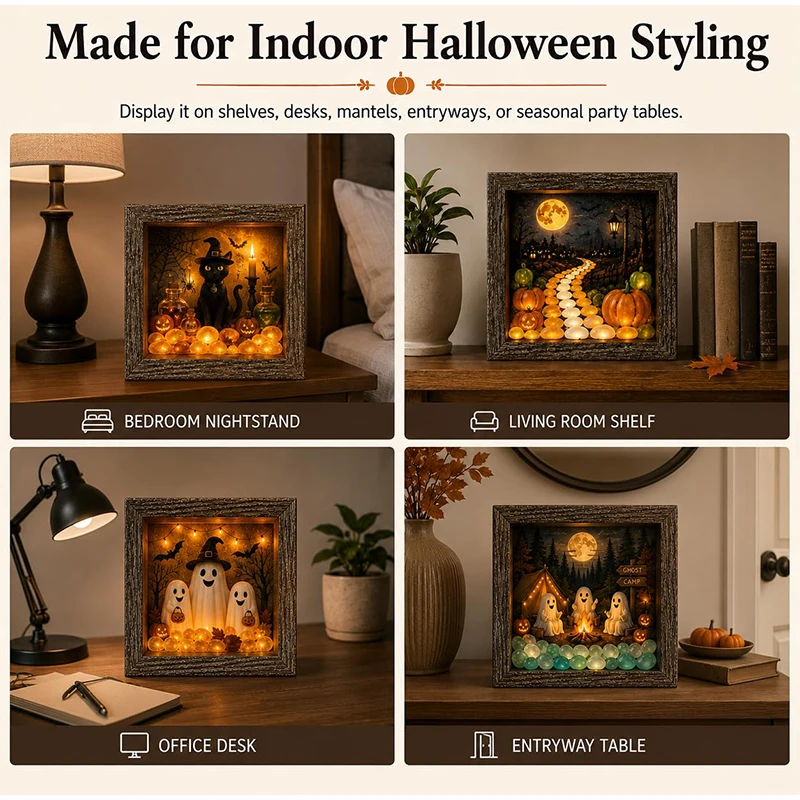 Halloween Shadow Box Frame DIY Lighted Craft Kit with LED Light Gothic Memory Box Display Case with Crystal Glass&Wooden Frame