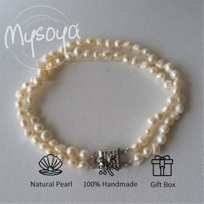 

MYSOYA двухслойный белый браслет из пресноводного жемчуга в стиле барокко 4-5 мм с подарочной коробкой для нее/им, подходит для дней рождения, свадьбы