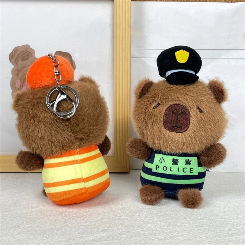 50JB Charming Policeman Capybara Plush Key Holder Soft Touch Animal Bag Accessory Handmade Plush Key Pendant for Various Ages