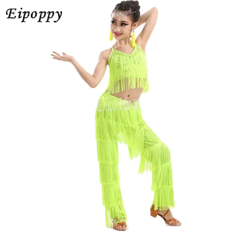 ชุดเต้นรำละตินสำหรับเด็กผู้หญิงชุดเดรสเต้นรำเสื้อกางเกง