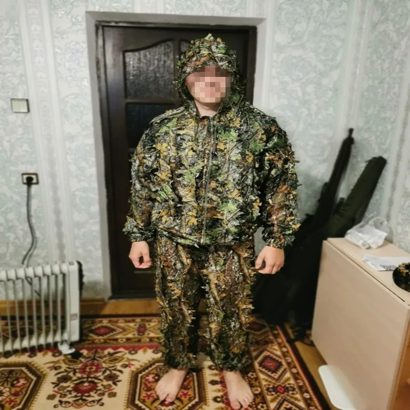 Hunting Ghillie Suit Durable CS Shooting Suit Tactical Combat Clothes Set Adult 3D Leaves Bionic Camouflage