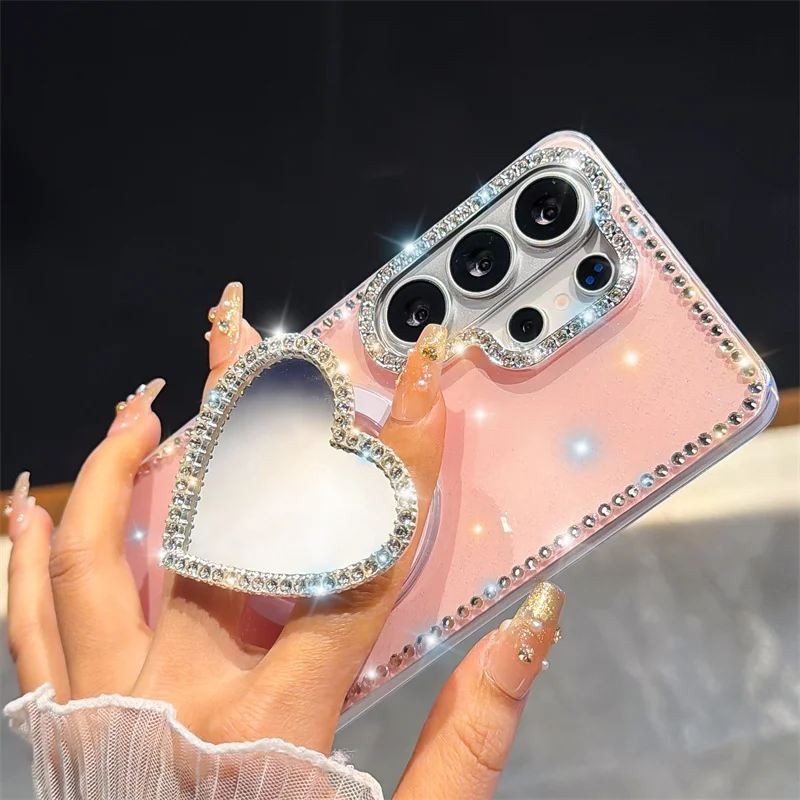 

Fashion Glitter Diamond clear Case For Samsung galaxy S26 Plus S25 S24 FE S23 Ultra Magnetic Wireless Charge Holder love heart