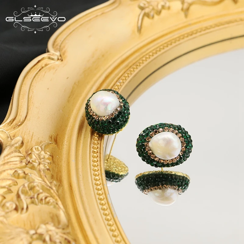 GLSEEVO Vintage Baroque Big Oval Pearl Stud Earrings for Women Luxury Green Color Earring Trendy Wedding Party Jewelry