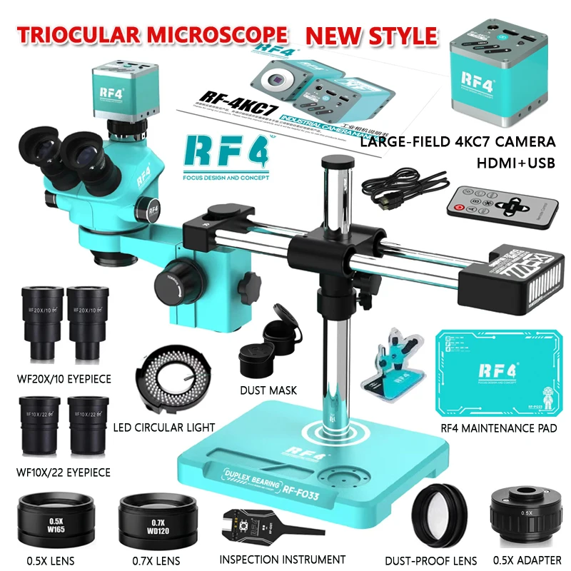 RF4 3.5X 50X 100X Simul-Focal Double Boom Stand Zoom Trinocular Stereo Microscope Large-field 2K 4K HDMI USB Camera RF-F033C