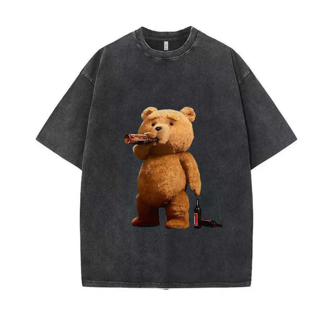 Cute Ted Bear Drinking Beer Poster Fun Printed Washed Cotton T-Shirt Men\'s Casual Short Sleeve Loose Thick Breathable T Shirt