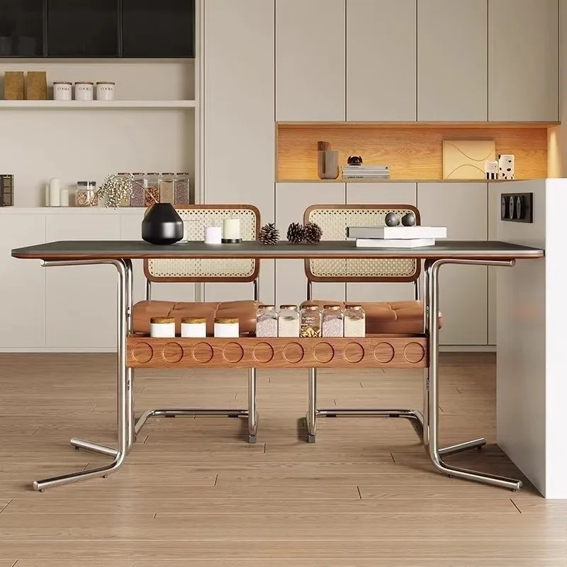 

French stainless steel solid wood slate dining table Mobien large slab rectangular dining table modern