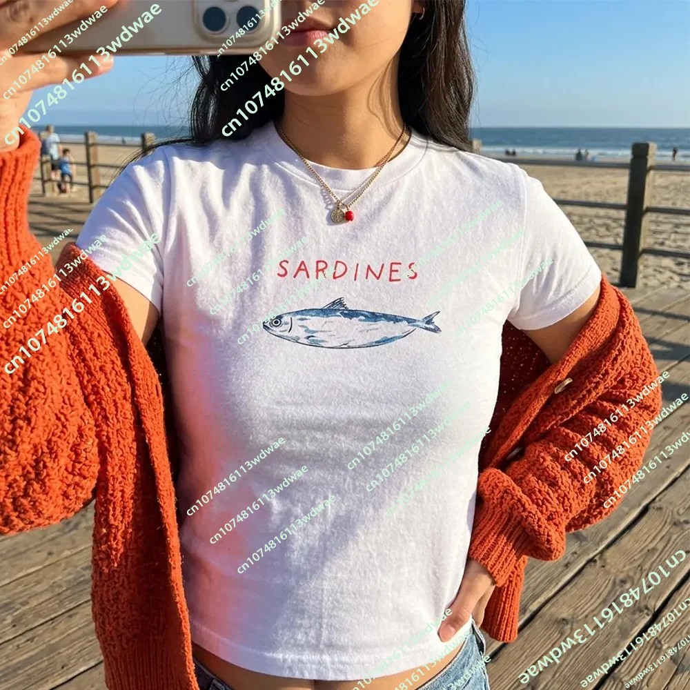 Sardine Summer Y2K Baby Tee Women's Mediterranean TShirt Crop Top Ocean Lover Gif Vintage Fashion Casual Vacation Girls Crop Top
