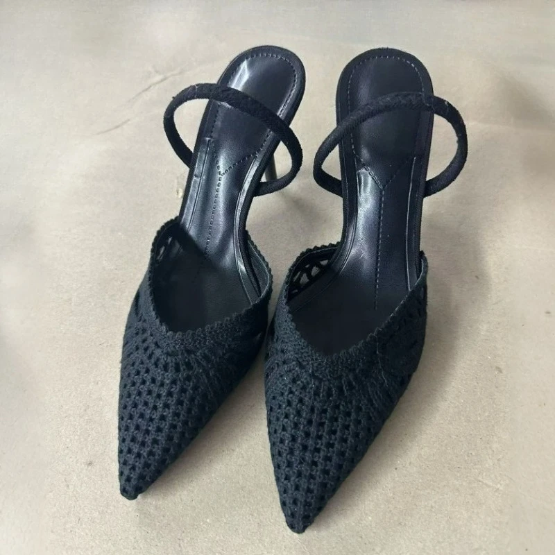 Women Sandals White Crochet Knit Slingback Heels Pumps Pointed Toe Hollow Stiletto Heel Ladies Elegant Backless Daily Wear Shoes view 4