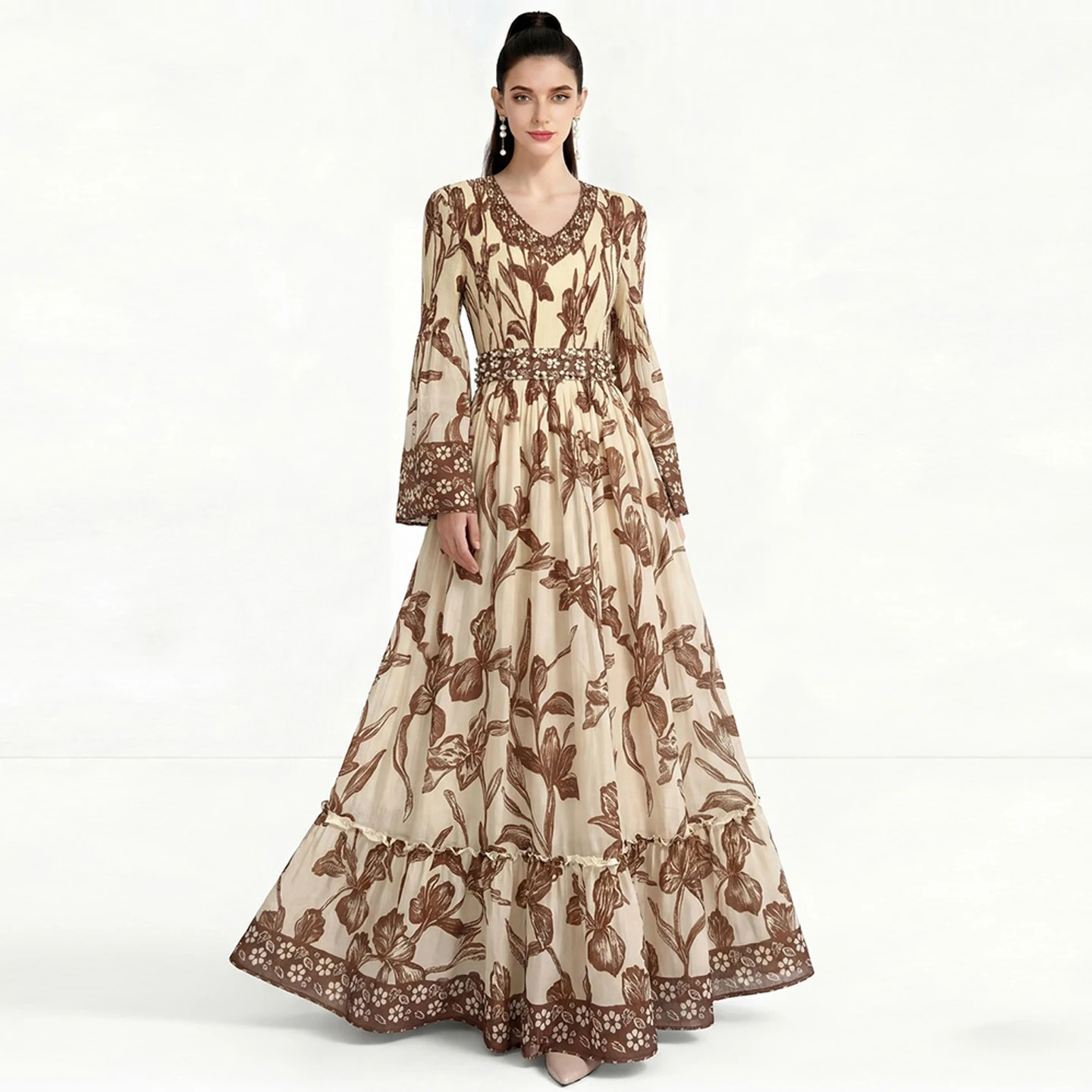 Elegant Long Sleeve Maxi Dress Photography Friendly Large Skirt A-Line Gown for Wedding Dance Travel Daily Stage Ball Gown