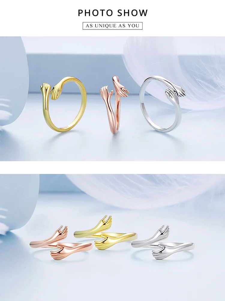 BAMOER 925 Sterling Silver Hug Open Ring Warm Love Hand Adjustable Glossy Ring for Women, His Big Loving Family Party Gift