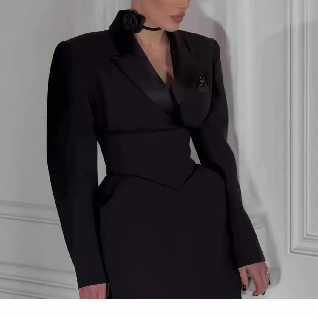 

Elegant Commuter Style Long Sleeve Pure Color Suit Collar Dress with Belt High Waist Tulip Shape Women's Fashion Autumn Dress