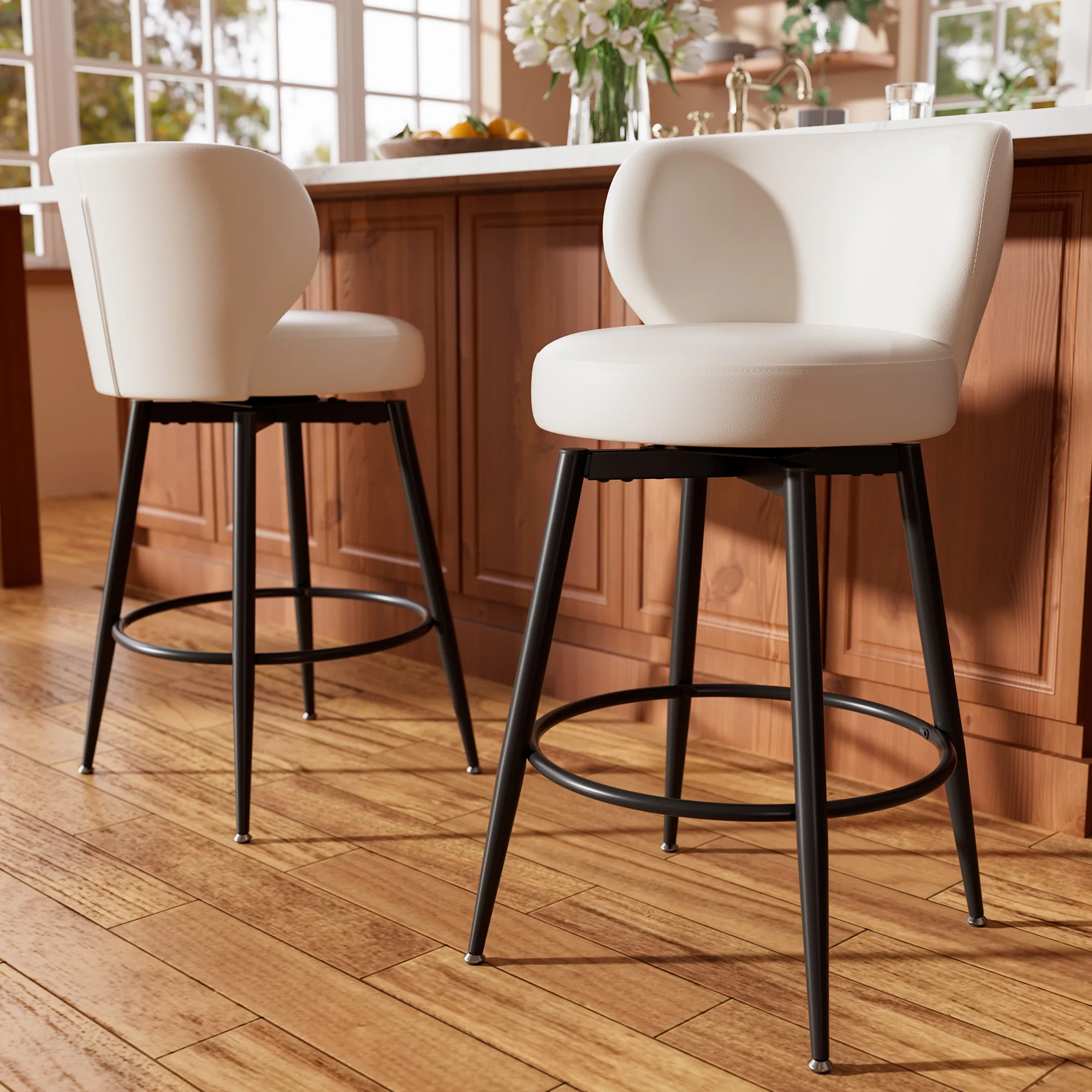 

26" Counter Height Bar Stools Set of 2, 360° Swivel PU Leather Bar Chairs with Low Back, Upholstered Round Seat & Metal Legs, Mo