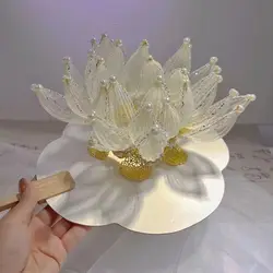 Womens White Silk Lotus Hair Crown With Beads Chinese Hanfu Headwear