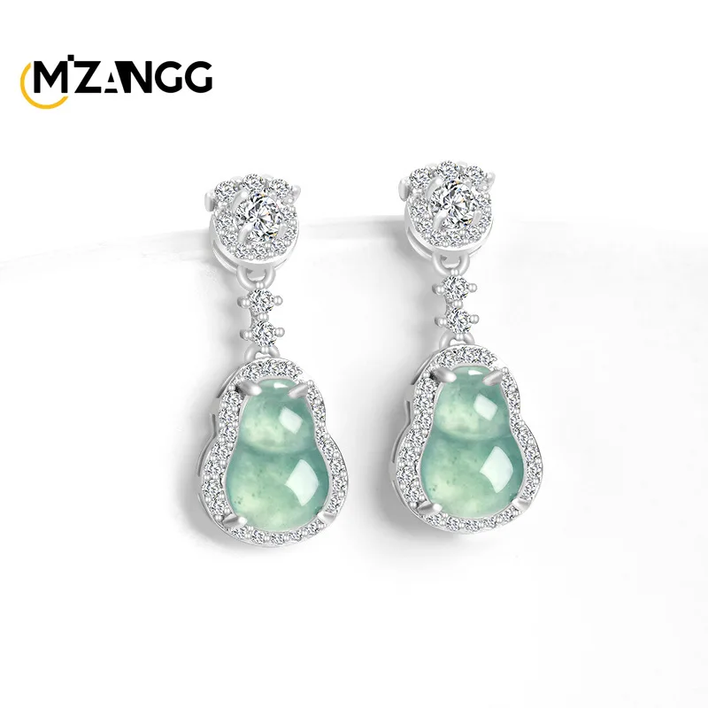 Natural A-goods Jadeite Blue Water Gourd Earrings S925 Silver Inlaid Fashion High-grade Ice Jade Earrings Ladies Gift