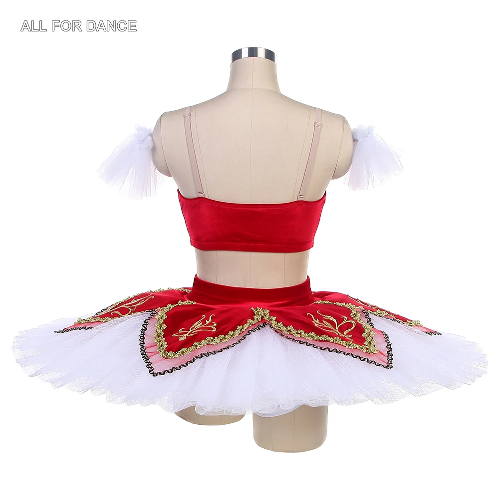 BLL592 Pre-Professional Ballet Dance Tutu Costume Red Velvet Bodice with Gold Trim Performance Costumes Girls Dancing Dress