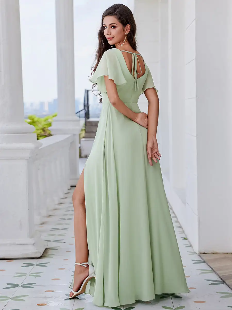 Elegant Evening Dresses U-Neck Ruffle Sleeves Back Tie High Slit 2025 Ever Pretty of Chiffon Mint Green Bridesmaid Dress