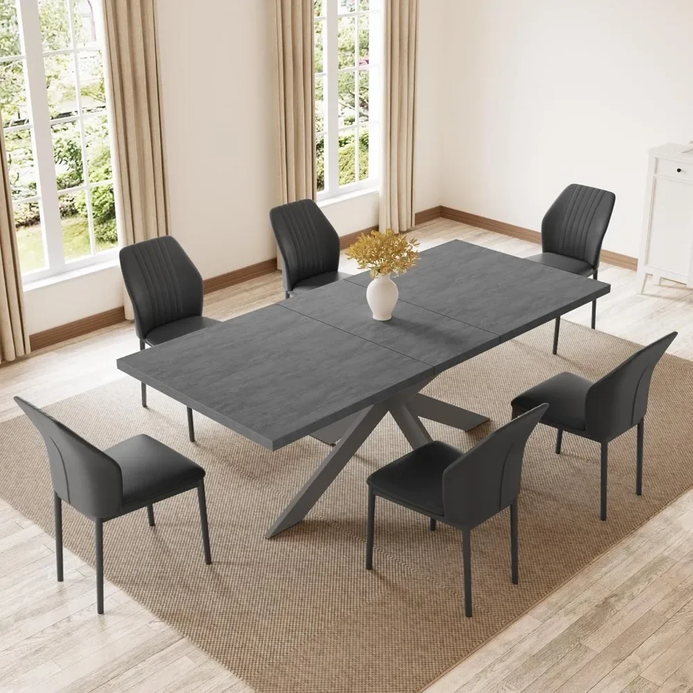 Modern 78'' Dark Wood Dining Table and Fabric Dining Chairs Set of 6,Table and Chairs , Table + 6 Black Chairs,Size: 63