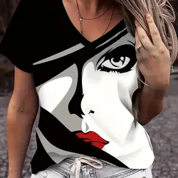 2024 women's short sleeved V-neck T-shirt, printed theme, new fashion, breathable shirt, summer outfit