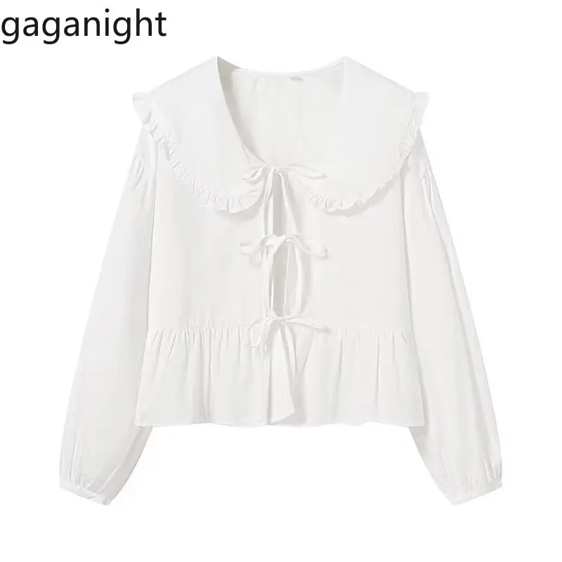 

Gaganight Women Shirts Peter Pan Collar Bandage Long Sleeve Autumn 2025 Fashion Sweet Elegant French Style Blouse Ladies Tops