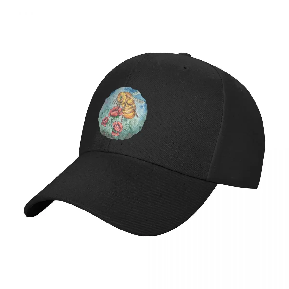 Watercolour bee collecting pollen from red flowers Baseball Cap Rave New Hat Horse Hat Women's Golf Wear Men's