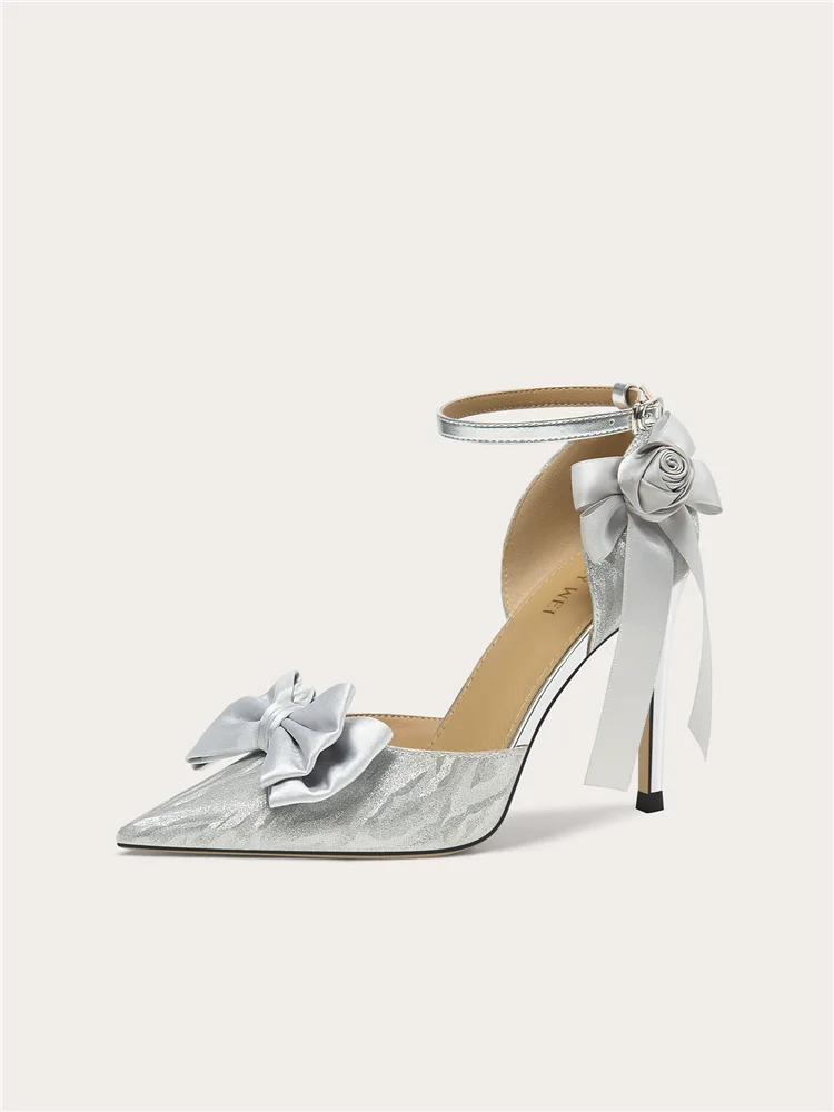 Summer new pointed sequin ribbon flower bow sequin wedding shoes banquet large size small size widened high heels women's sandal