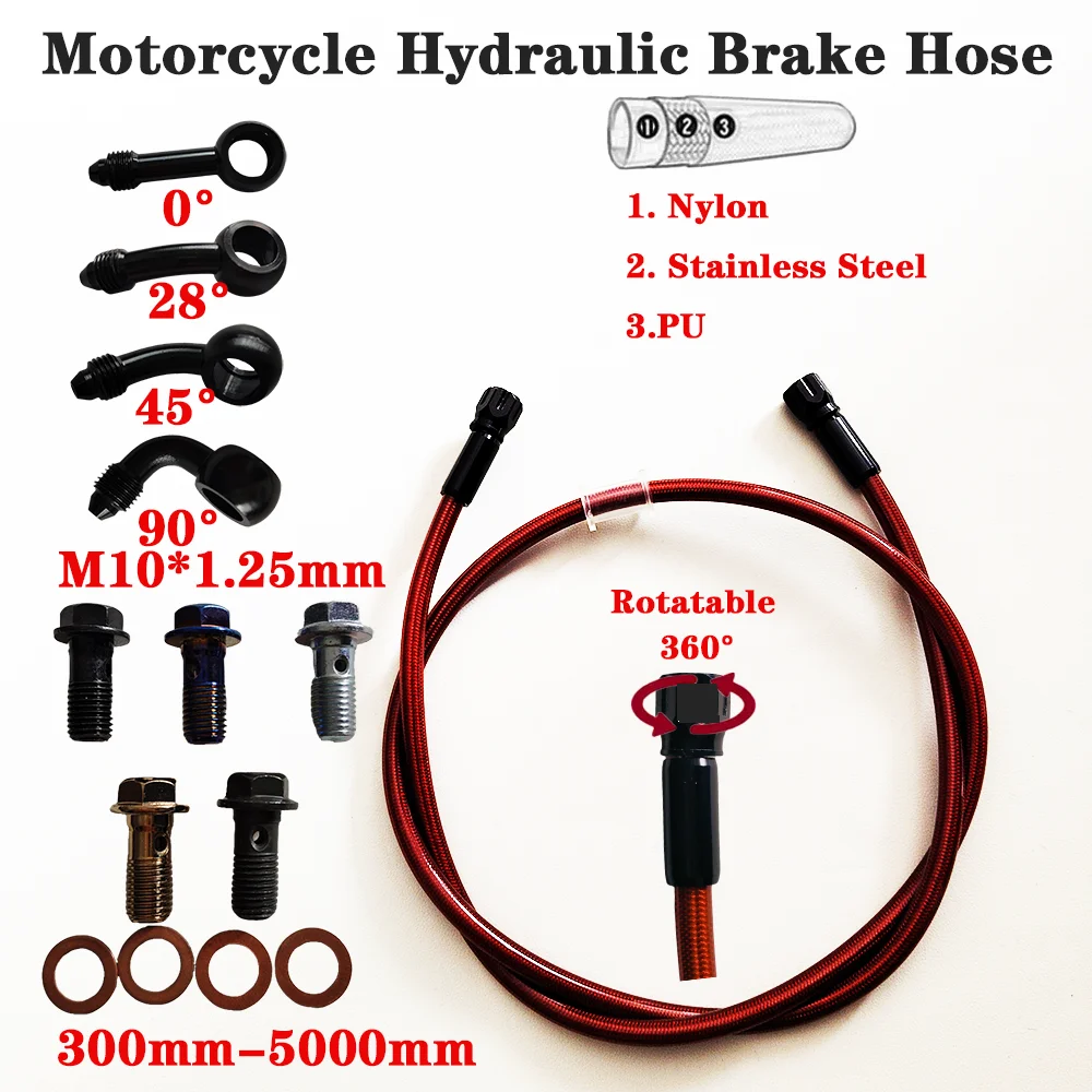 

M10 0 28 45 90 Degree Brake Banjo Fitting Remove Aluminum Moto hydraulic Reinforced Red Brake Clutch Oil Hose Line 300~5000mm