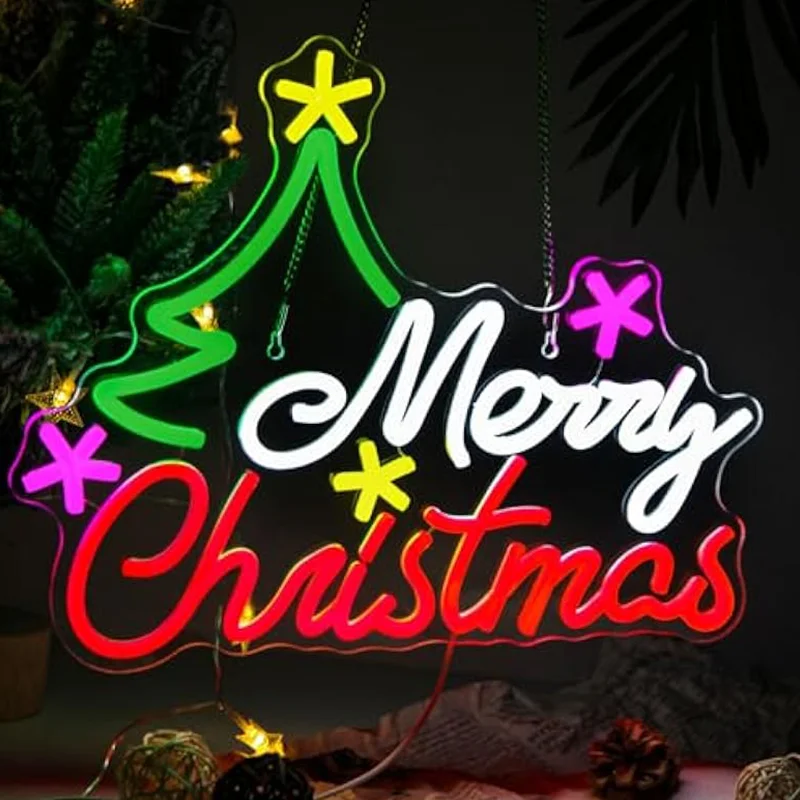 

Merry Christmas Neon Sign Dimmable Christmas Tree Vibrant LED Neon Light up Sign for Wall Decor Window Man Cave Bedroom Wedding