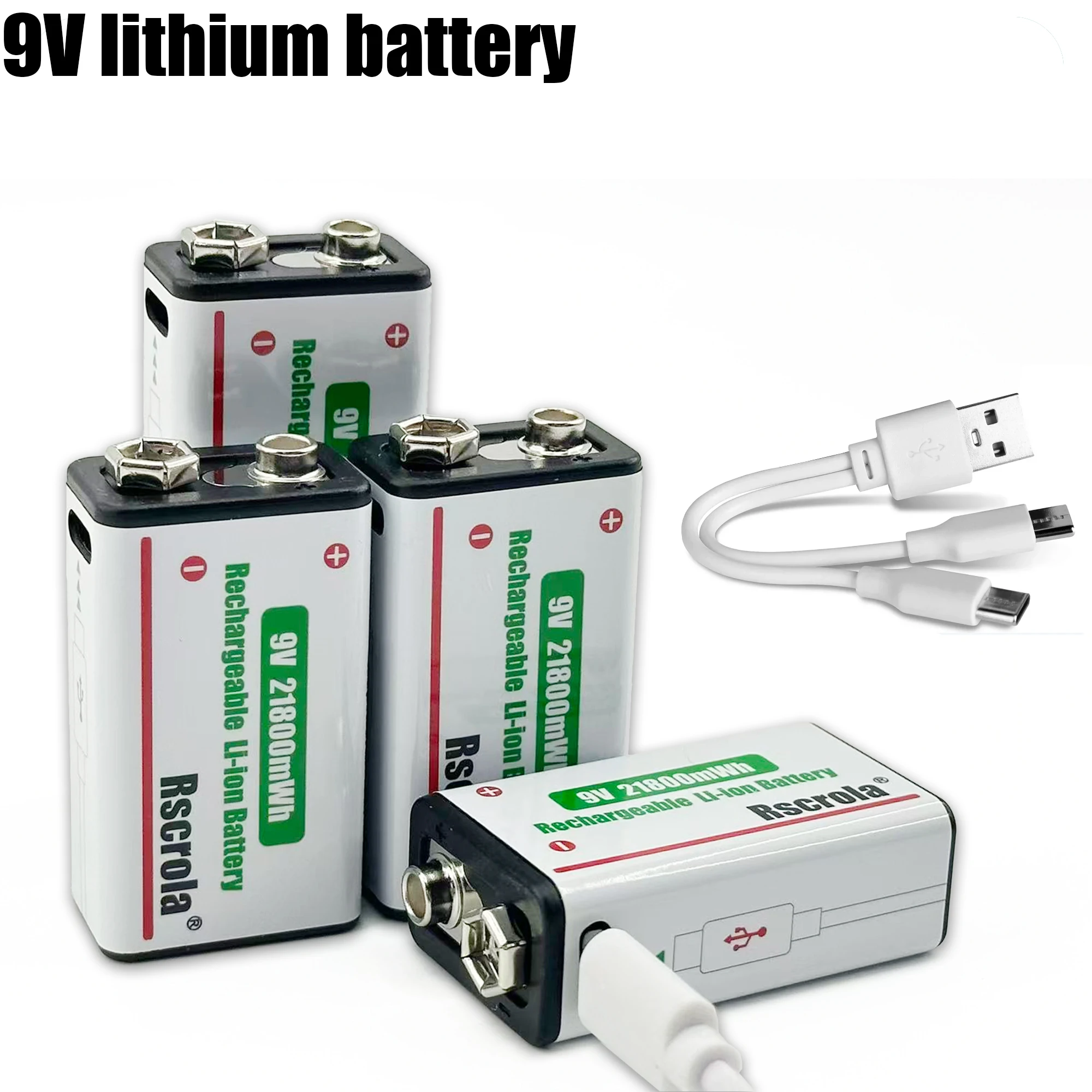 Long-Lasting 9V Lithium Ion Rechargeable Battery 21800mWh High Capacity for Guitar Microphone Smoke Detector Pedal with Cable