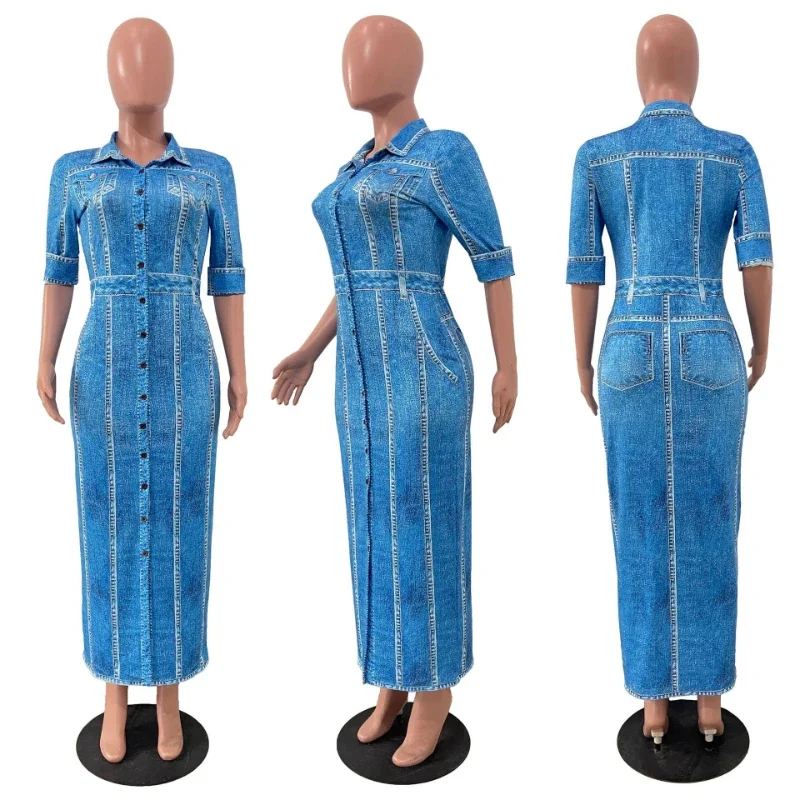 Y2K Fake Denim 3D Print Bodycon Maxi Dress Women High Waist Button Up Turn-down Collar Half Sleeve Slit Shirt Style Long Dresses