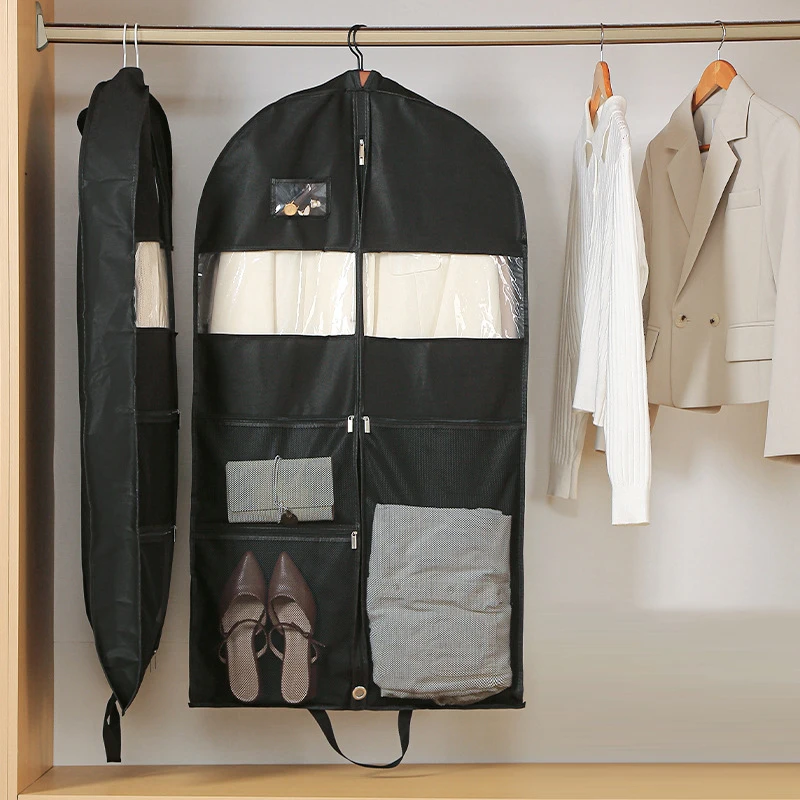 Borsa per indumenti da viaggio con copertura antipolvere per abbigliamento portatile con tasche in rete in tessuto traspirante con cerniera liscia