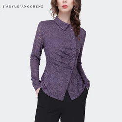 Fashion Women' Skew Neck Purple Lace Shirt 2024 Spring Summer Tops Elegant Slim Hollow Out Floral Casual Blouses