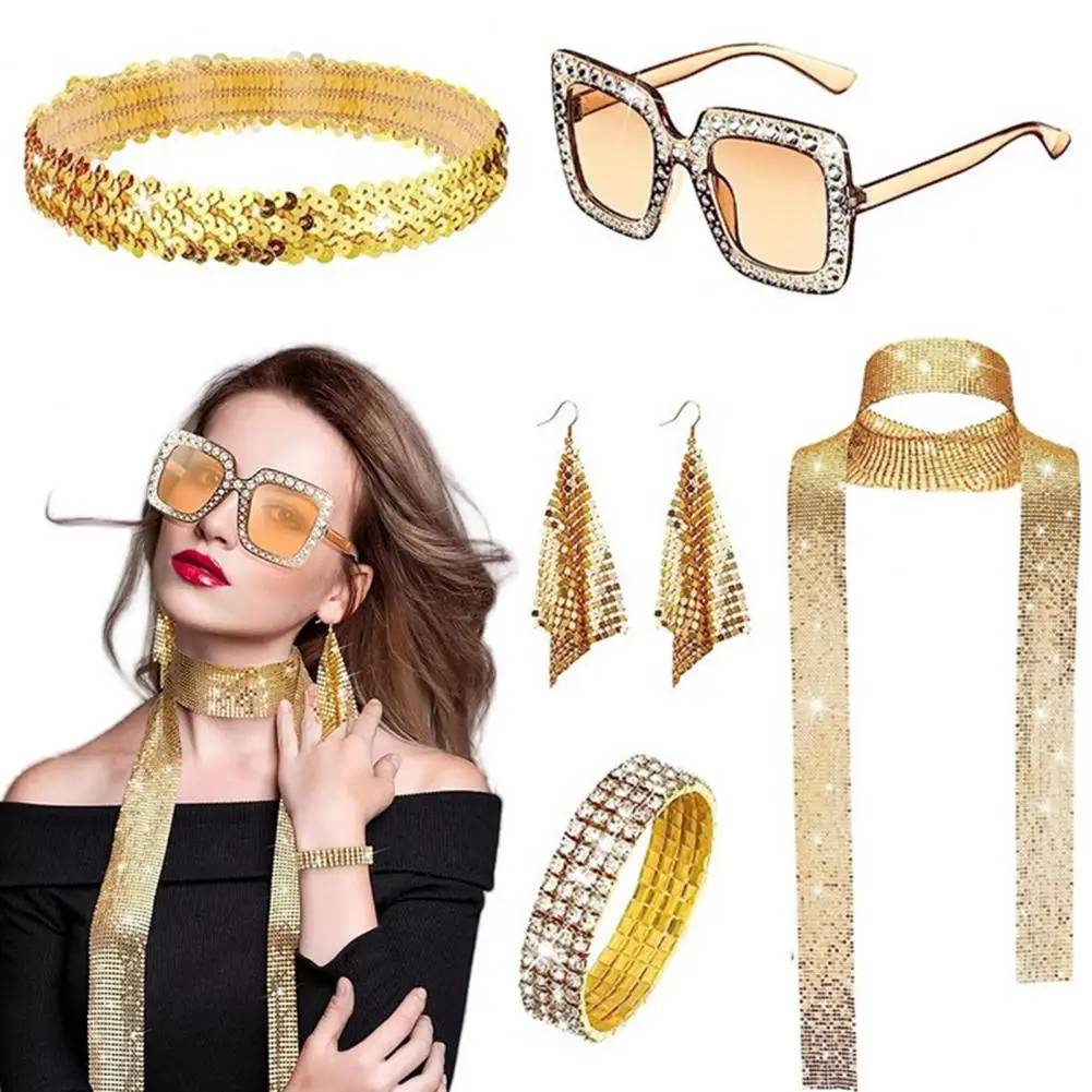 5 Pcs/Set Women Jewelry Set Sequin Rhinestone Decor Vintage Disco Party Cosplay Earrings Sunglasses Bracelet Headband Scarf Set