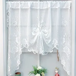 White Sheer Lace Swag Short Curtain Valance Tier for Kitchen Cafe Farmhouse Adjust Height Bookshelf Short Window Drapes