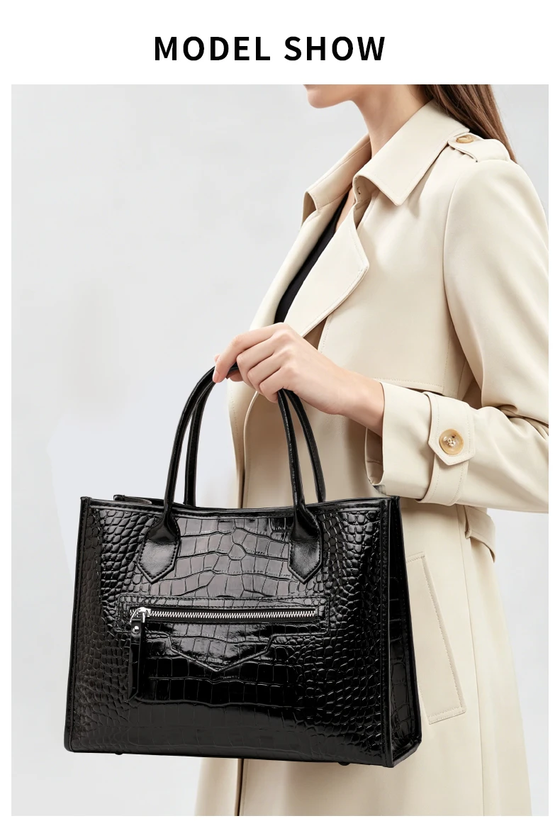 Damen-Ledertasche mit Krokodilmuster, Henkeltasche mit Reißverschluss vorne, Umhängetasche für die Arbeit – Detail 1