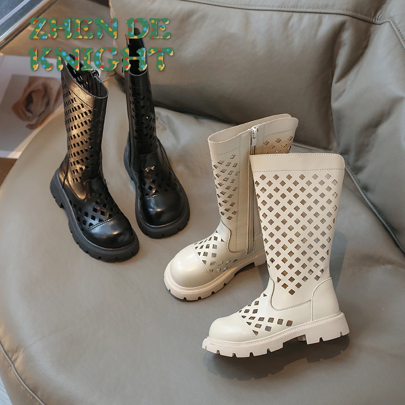 2024 Kids Summer Solid Colors Children's Non-Slip Long BootsZip Leather Boots Girls High Mid-Calf Net Surface Boots