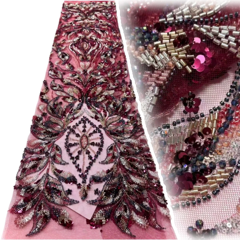 

Роскошная фиолетовая кружевная ткань ручной работы с тяжелым бисером, 2026, африканский нигерийский тюль, расшитая блестками, кружевная ткань, ткань Haute Couture 1812