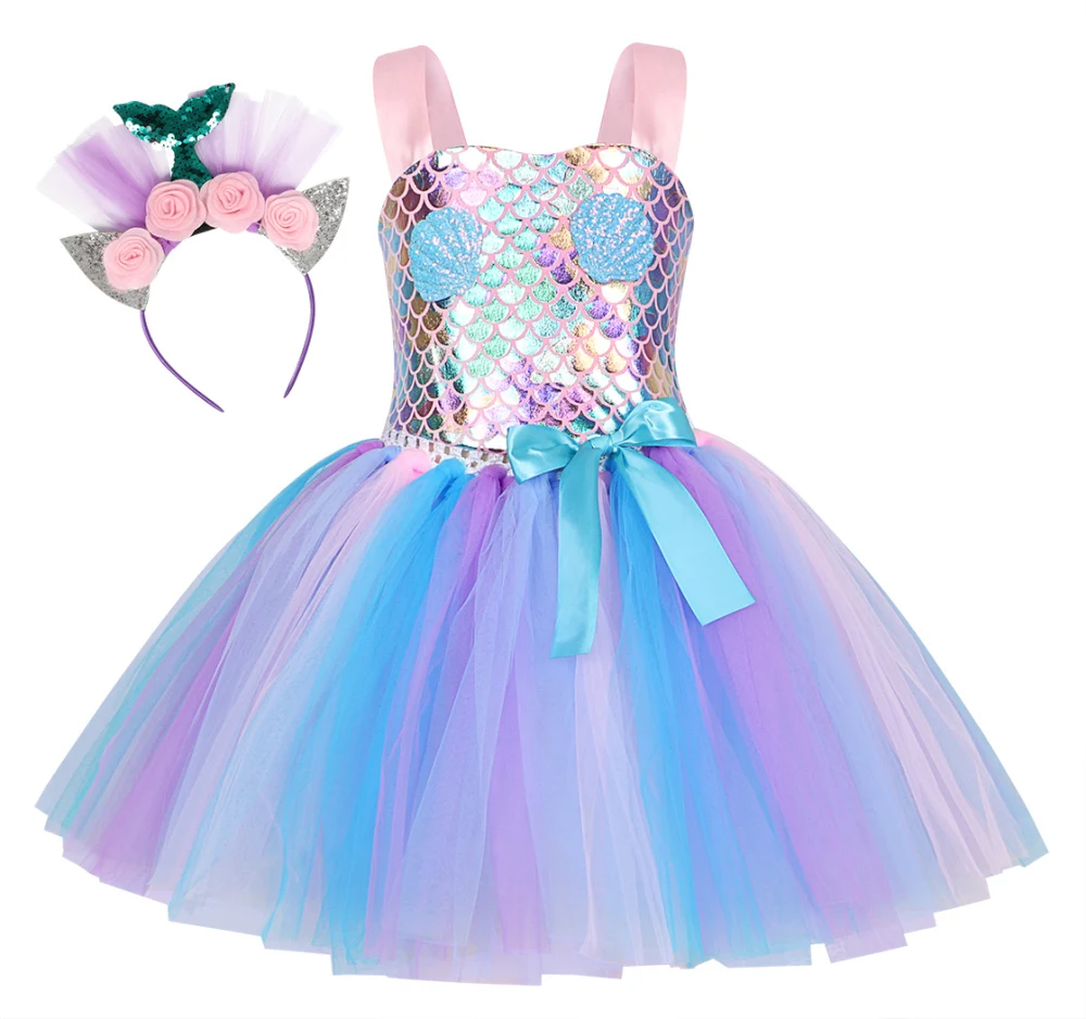 Jurebecia Mermaid Dress Girls Halloween Princess Party Dress Up Tulle Mesh Rainbow Tutu Skirt Fish Scale Sequin Outfits