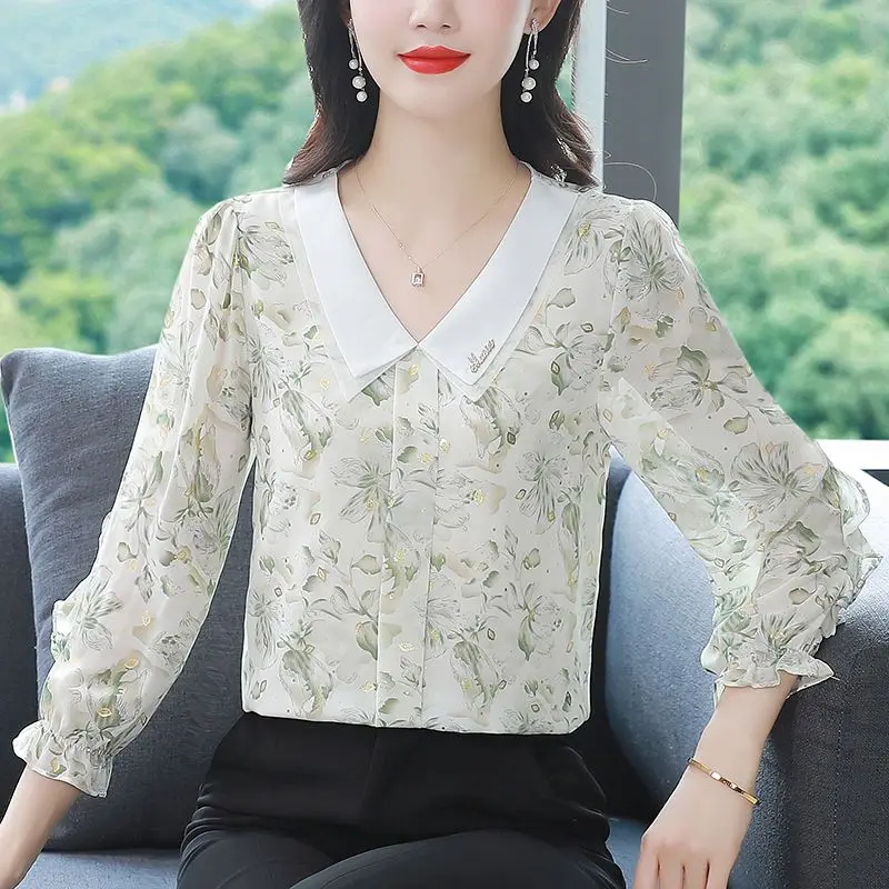 แฟชั่นพิมพ์เสื้อเชิ้ตแขนสามในสี่เสื้อชีฟองผู้หญิงฤดูใบไม้ผลิฤดูใบไม้ร่วงรุ่นใหม่ลดอายุกระชับสัดส่วนฐานอเนกประสงค์