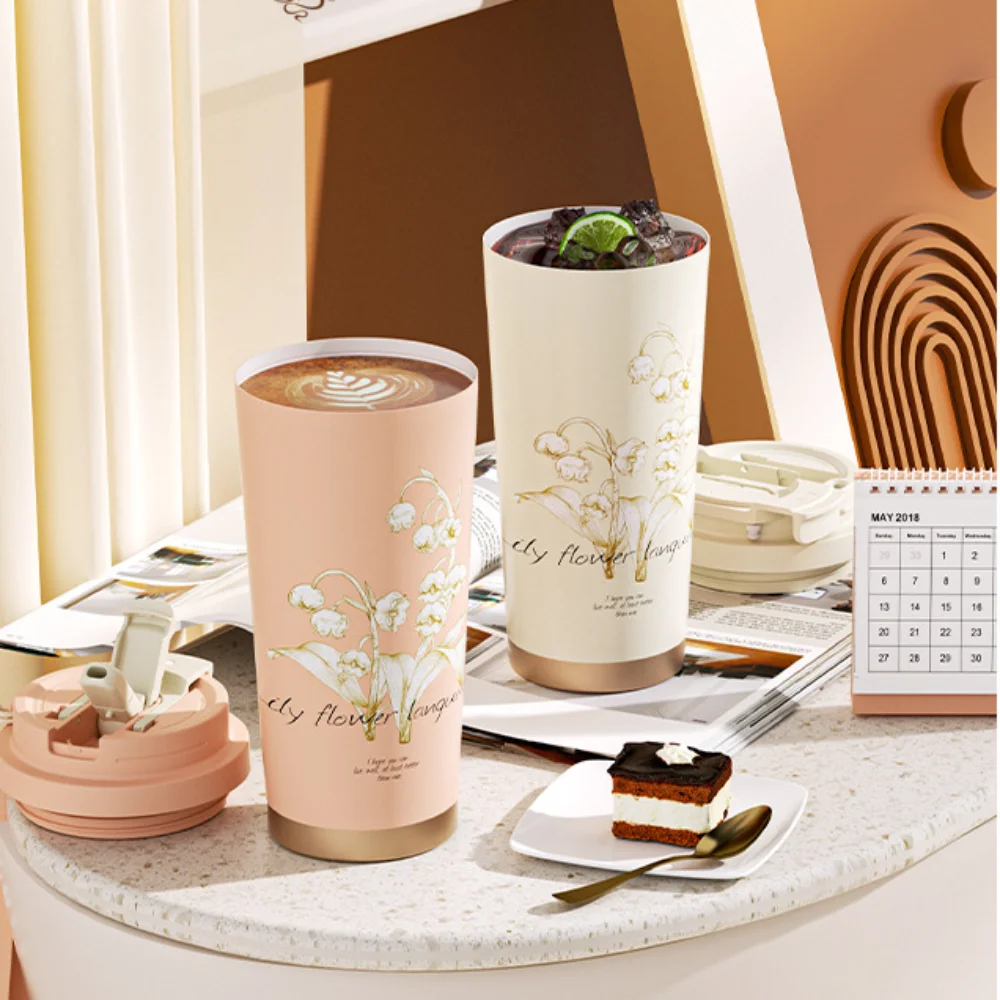 Portable Orchid Insulated Cup Stainless Steel with Lid Water Bottle Double Wall Sunflower Rose Daisy Coffee Mug Home Office