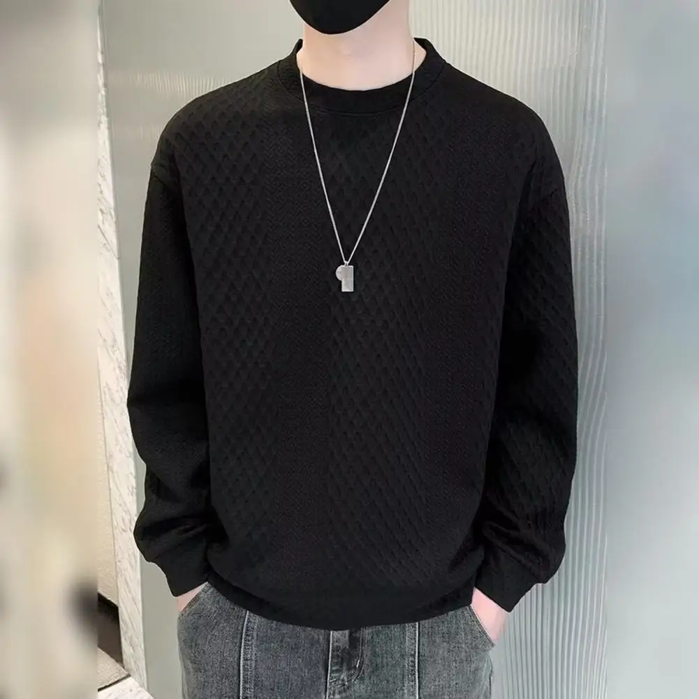 

Men Solid Color Sweater Men Sweater Cozy Men's Knitted Sweater with Waffle Texture Loose Fit Round Neck Pullover for Autumn