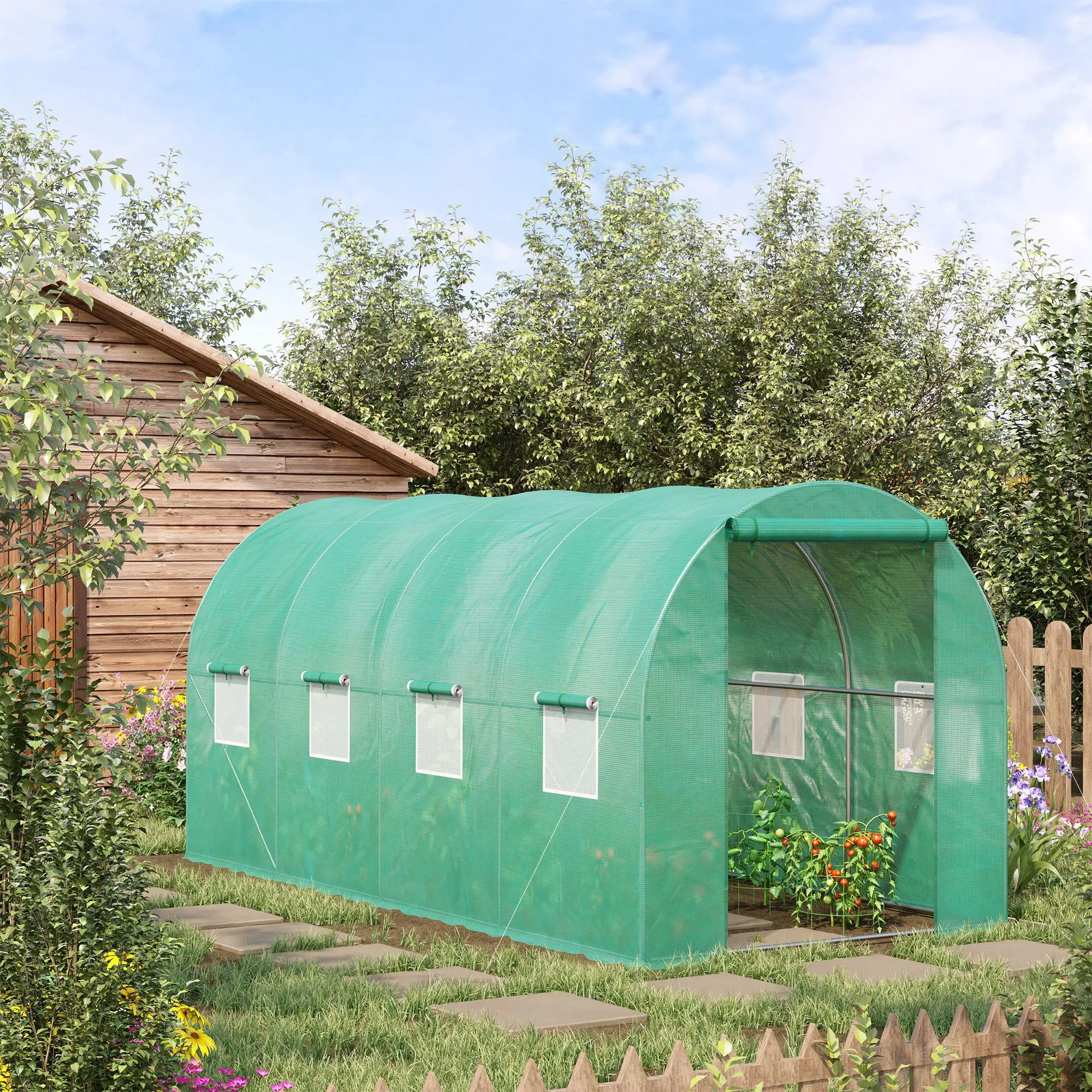 Extra-Large Greenhouse, Dimensions 15' X 7', Arch-Shaped Greenhouse, Zipper Door, Windows, Green Color