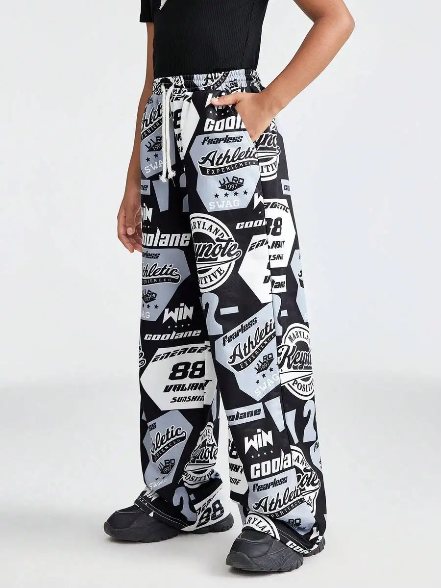 

Unisex Youth Wide Leg Sweatpants with Graphic Print, Stretchy Cotton Blend, Streetwear Style