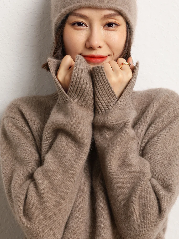 Korean Popular Women's Sweater Pullover 100% Cashmere Winter Sweater Mock Neck Pullover Split Cuff Thicked Warm Female Clothing