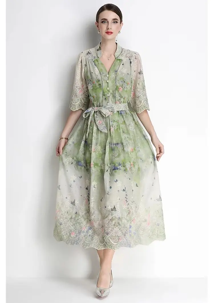 

Women's Vintage Long Dress with Flower Embroidery Hollow out Lace V-Neck Lantern Sleeves Bead Detail Pearls Buttons Lace up Back
