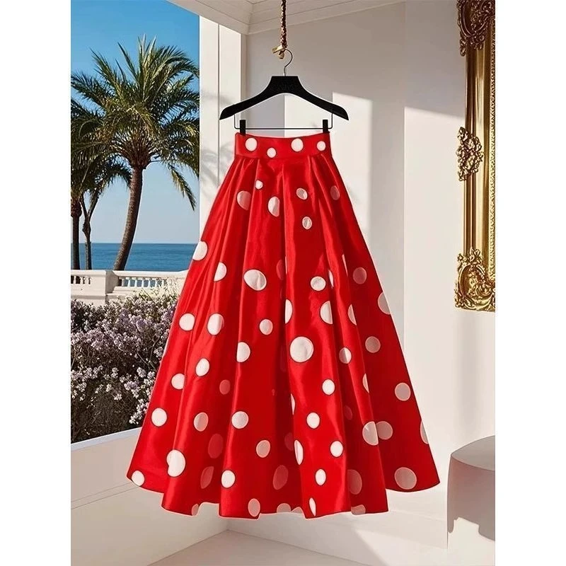 Red Polka Dot Skirt Pleated Skirt Юбки Faldas Mujer Moda Юбка Long Jupe Korean Style New Skirts For Women
