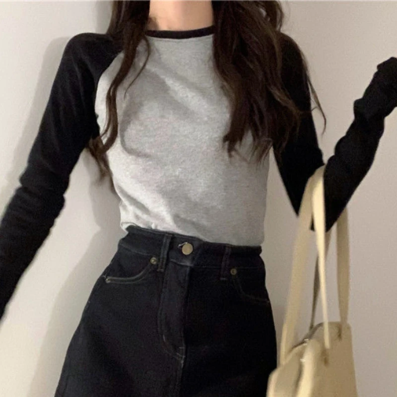 Long Sleeve T-shirts Women Patchwork Slim Fit Causal Elegant College Harajuku Basic Autumn All-match Tops Ropa Mujer Clothing