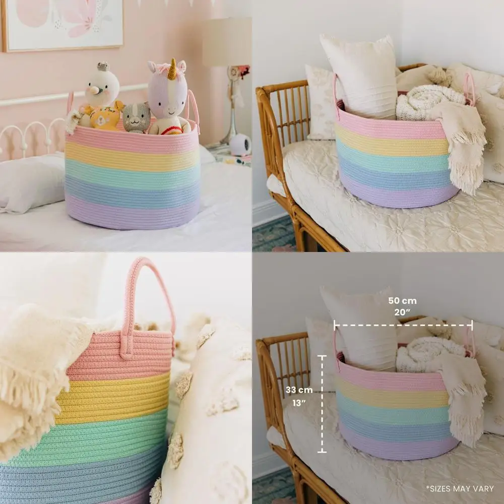 

Rainbow Blanket Basket for Classroom & Nursery, Extra Large Woven Laundry Basket W/Handles, Kids Toy Organizer & Storage, Soft R