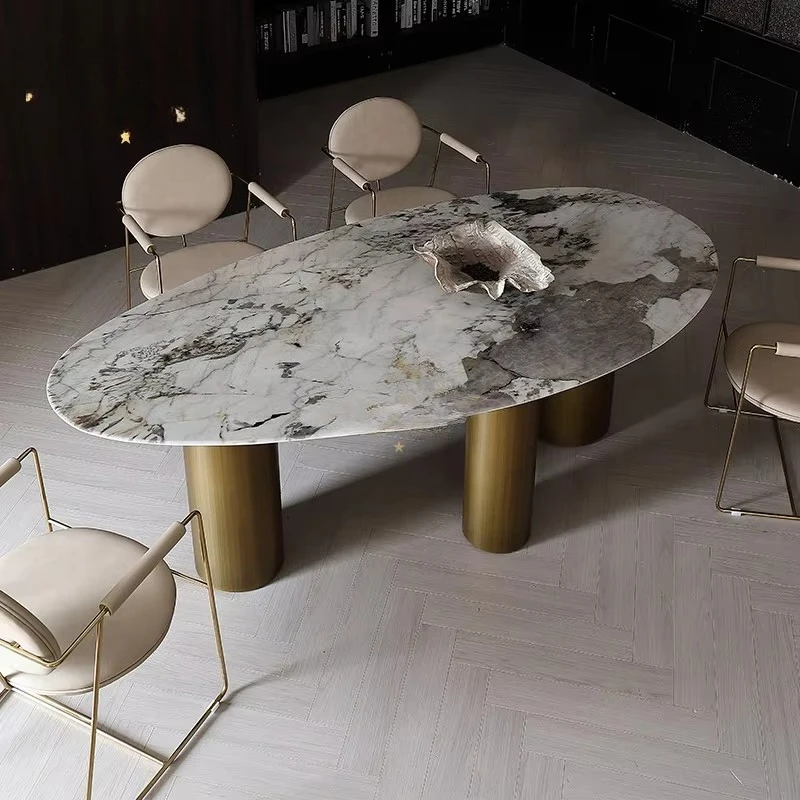 White Gold Patagonia Marble Top Gold Brushed Cylinder Column Metal Base Custom High End Oval Dining Table 6 8 Seater
